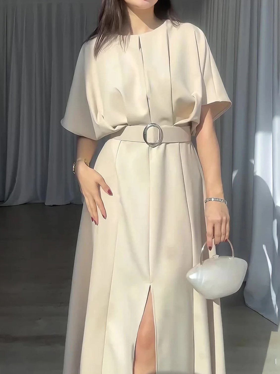 Round Neck Short Sleeve Belt Slim Long Skirt