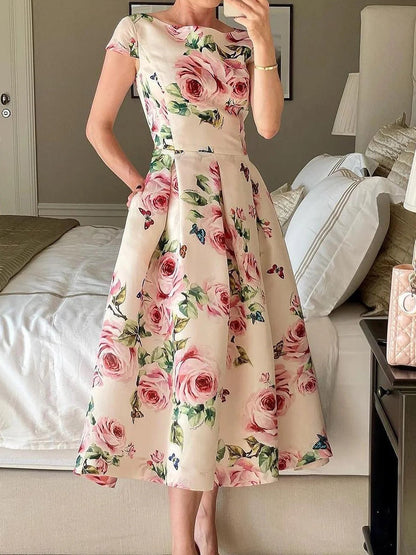 Floral Regular Fit Elegant Crew Neck Midi Dress