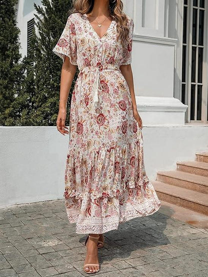 Cotton Short Sleeve V Neck Floral Print Midi Dresses