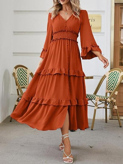 V Neck Long Sleeve Boho Maxi Dress