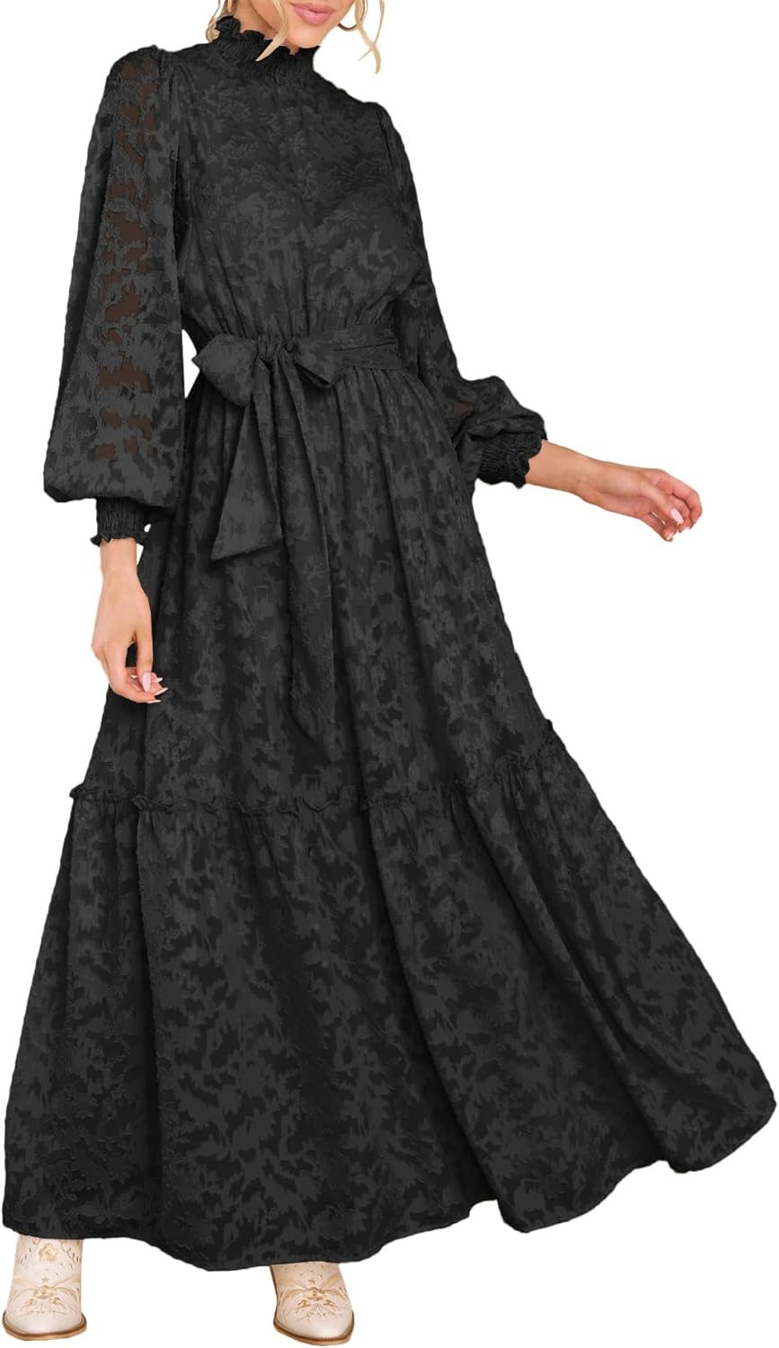 Floral High Neck Long Sleeve Elastic Waist Maxi Dress