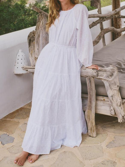 White Embroidered Tie Waist Aarti Smock Maxi Dress