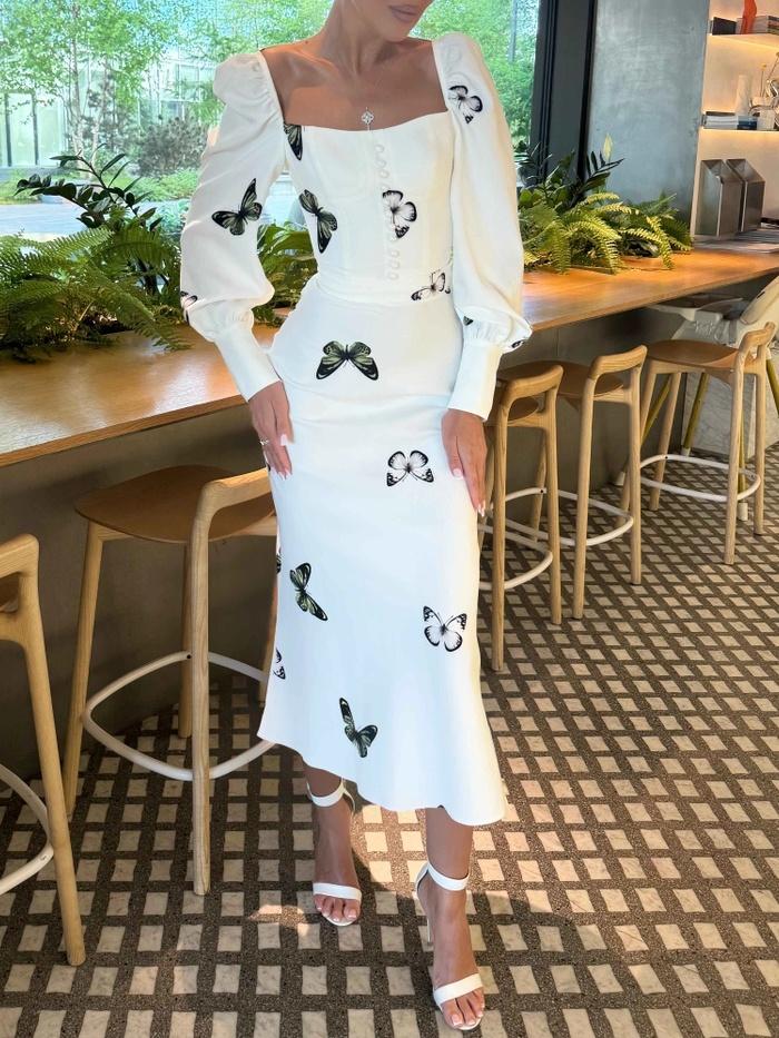 Butterfly Print Puff Sleeve Maxi Dress