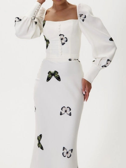 Butterfly Print Puff Sleeve Maxi Dress