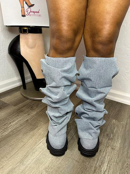 Detachable Denim Mid-Calf Boots