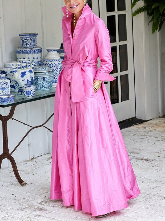 Soft Pink Long Shirt Dress With Belted Detail