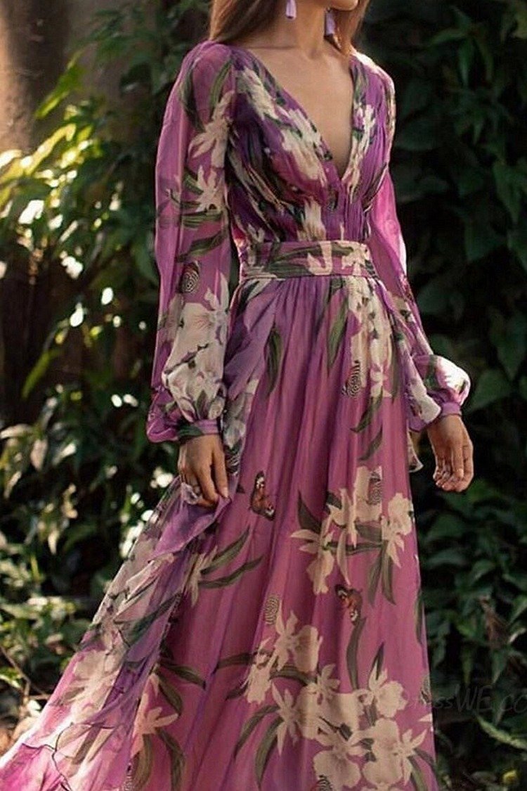 V-Neck Printed Elegant Maxi Dress