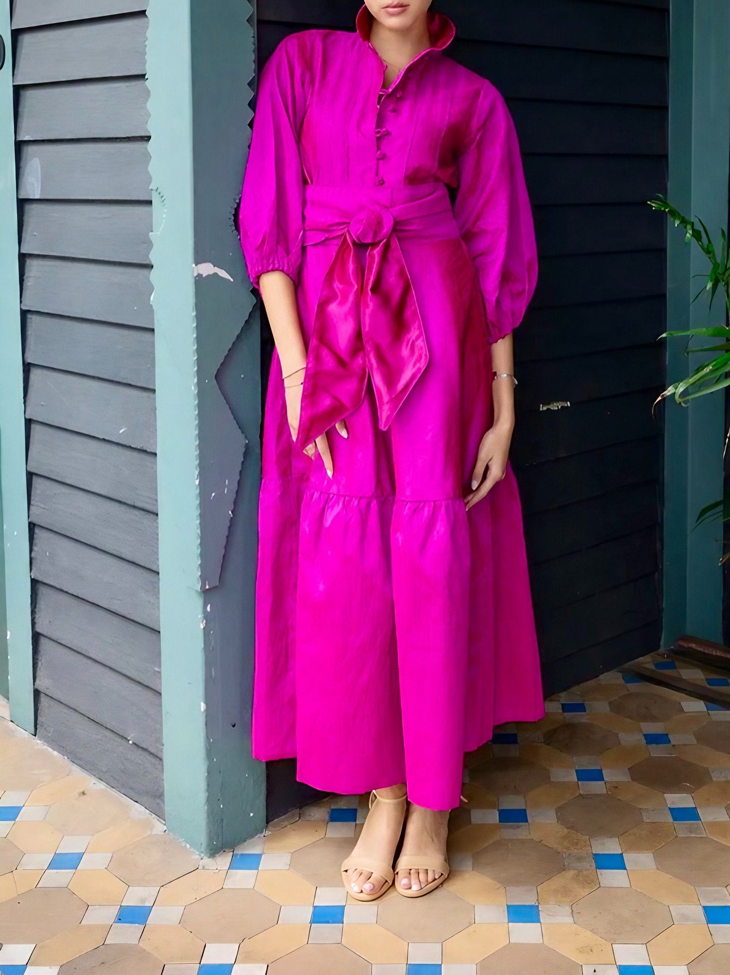 Hot Pink Button Down Satin Maxi Dress