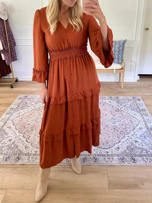 V Neck Long Sleeve Boho Maxi Dress