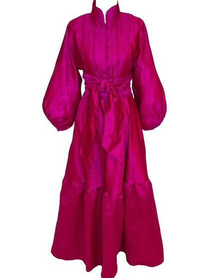 Hot Pink Button Down Satin Maxi Dress