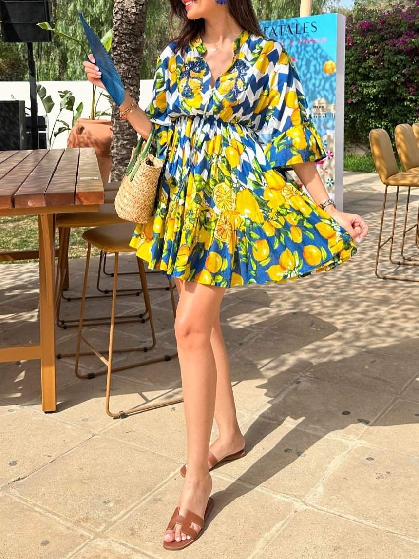 Lemon Print Midi Dresses