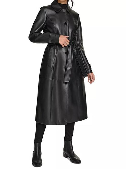 Women's Belted Faux-Leather Trench Coat