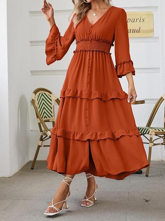 V Neck Long Sleeve Boho Maxi Dress