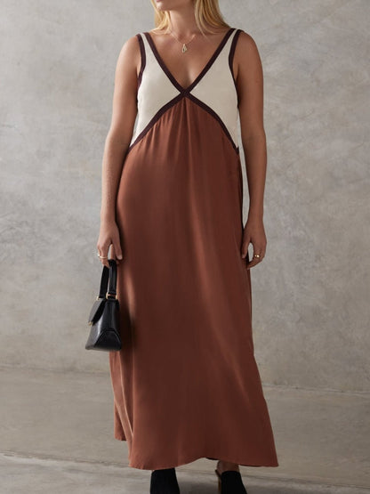 Patchwork V-Neck Strapless Maxi Dress