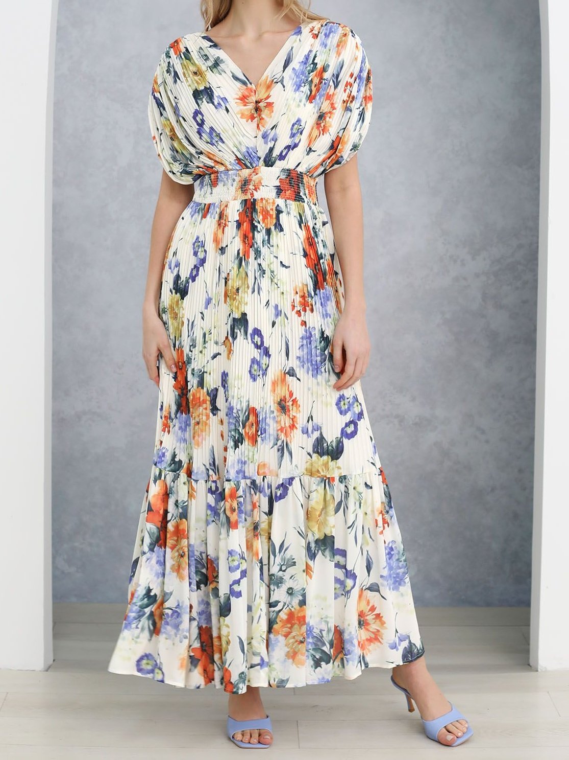 Vernal Blossom Pleated Maxi Dress