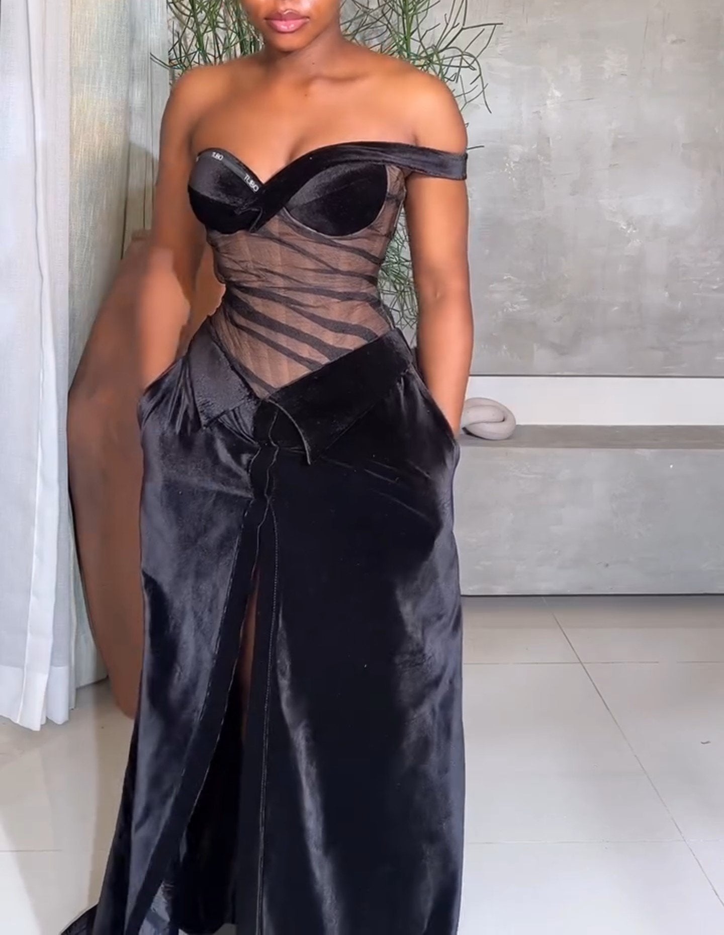 Black Corset Velvet Slit Maxi Dress