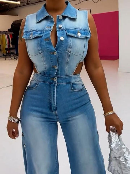 Sleeveless Waist Cutout Denim Button Jumpsuit