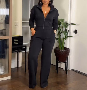 Solid Color Half Zip Jumpsuit