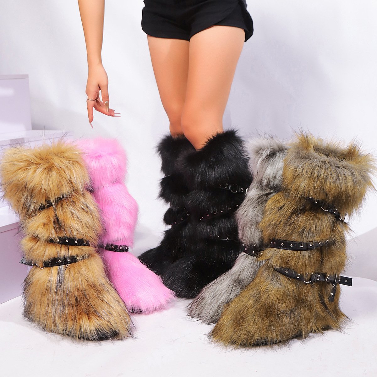 Crossed Belt Buckle Fur Fur Boots