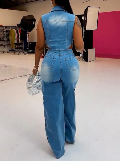 Sleeveless Waist Cutout Denim Button Jumpsuit