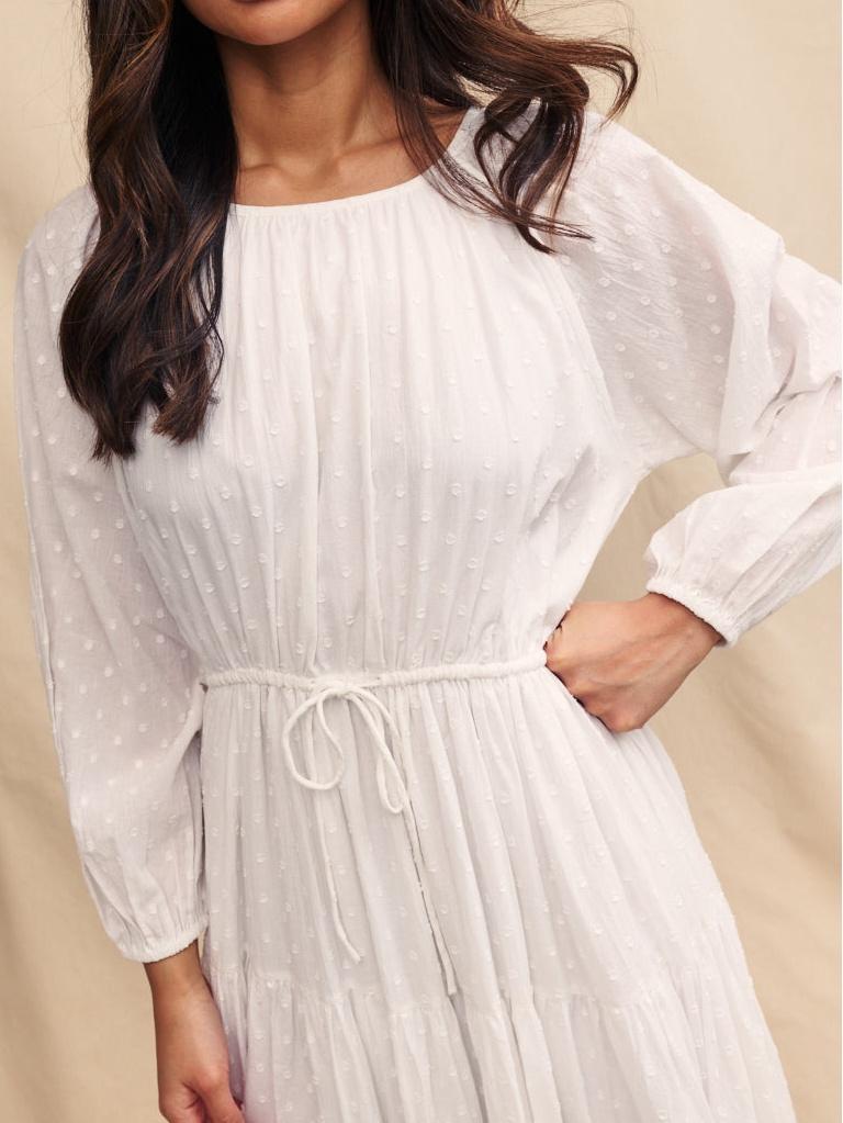 White Embroidered Tie Waist Aarti Smock Maxi Dress