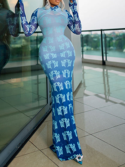 Elegant High Neck Long Sleeve Printed Maxi Dress