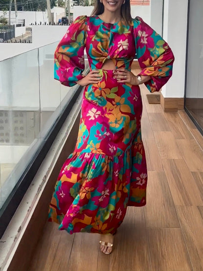 Floral Print Long Sleeve Cut Out Maxi Dress