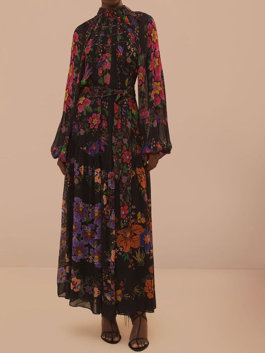 Black Floral Scarves High Neck Maxi Dress