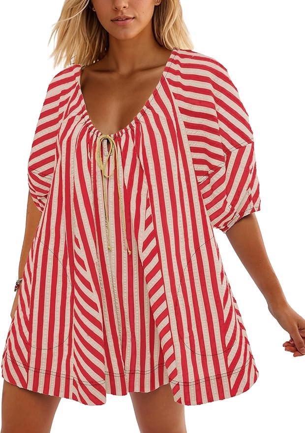 Puffy-Sleeve Irregular Striped Jumpsuit