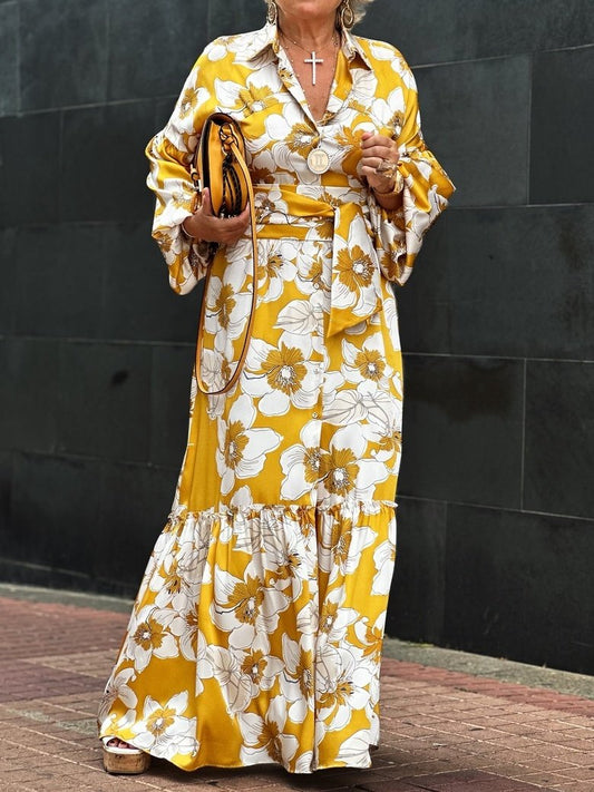 Yellow Floral Tiered Maxi Shirt Dress