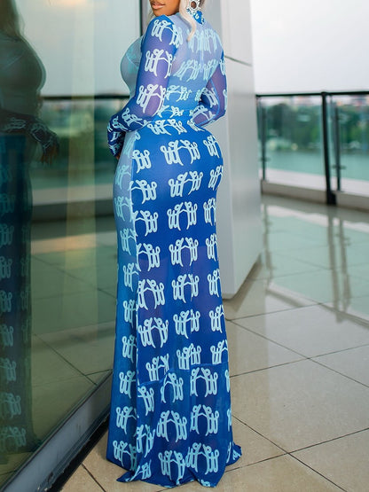 Elegant High Neck Long Sleeve Printed Maxi Dress