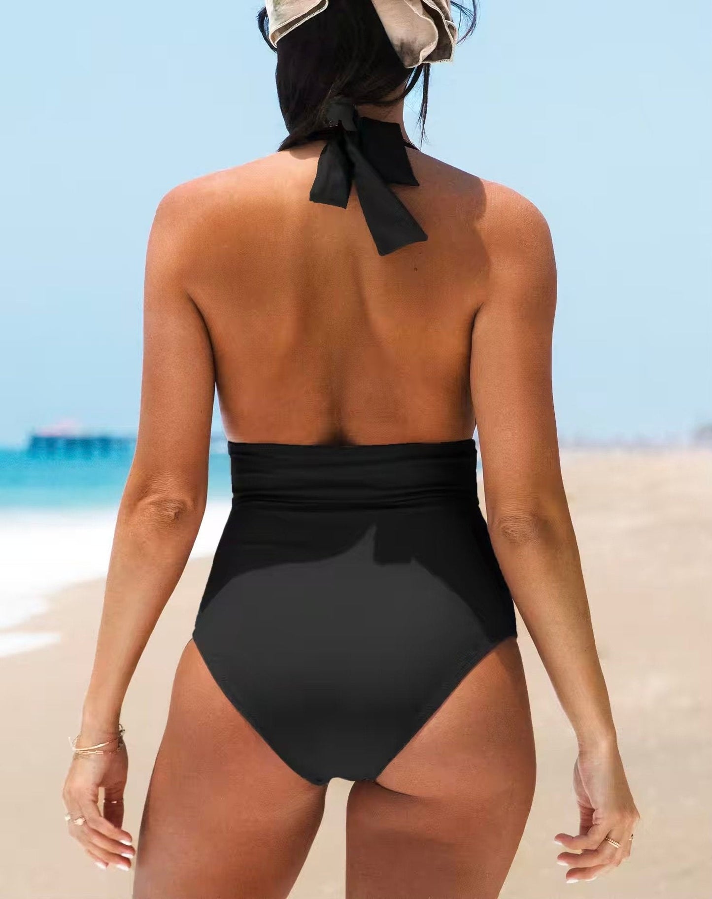 Summer Seaside Ruched Halter Tummy Control Black One Piece Swimsuit