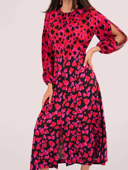 Red Heart Print Puff Sleeve Maxi Dress