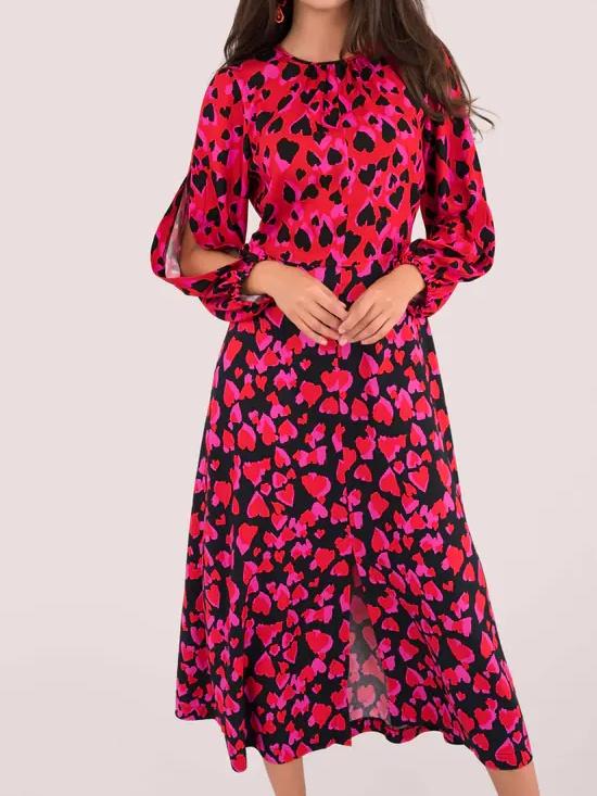 Red Heart Print Puff Sleeve Maxi Dress