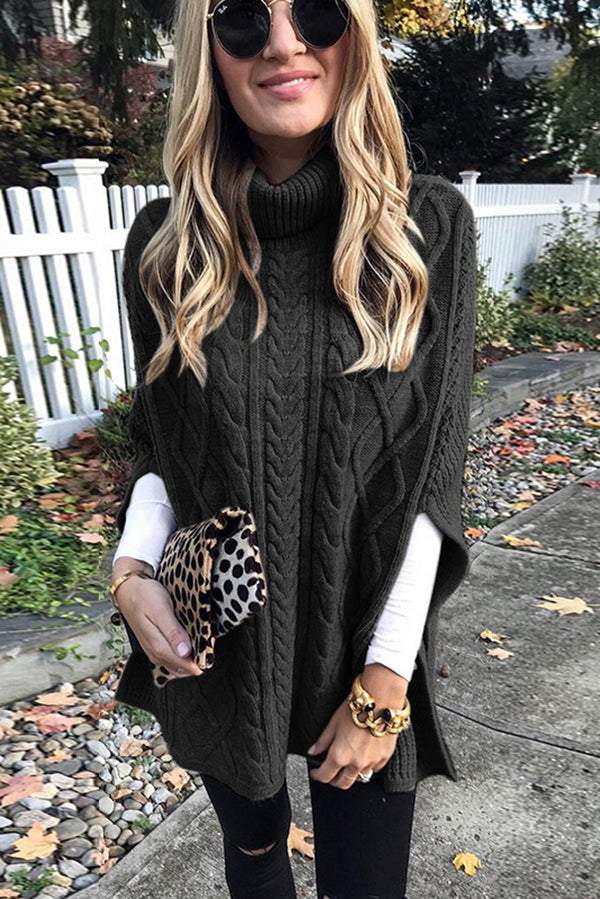 Turtle Neck Twist Braid Knitted Shawl Sweater