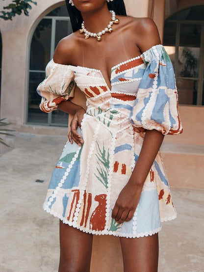 UNIQUE PRINT PUFF SLEEVE MINI DRESS