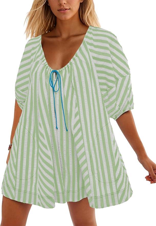 Puffy-Sleeve Irregular Striped Jumpsuit