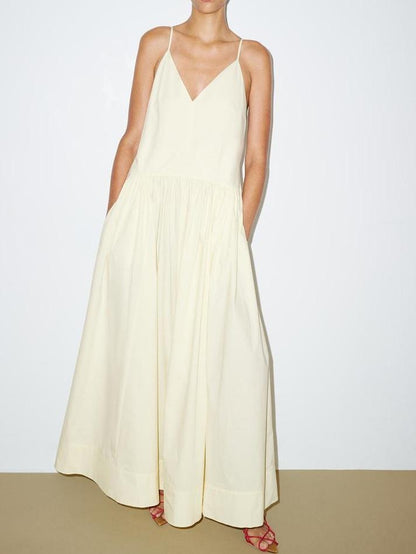 V-Neck Strap White Color Casual A Line Maxi Dress