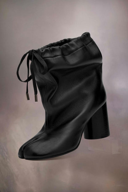 Soft Leather Drawstring High Heel Boots