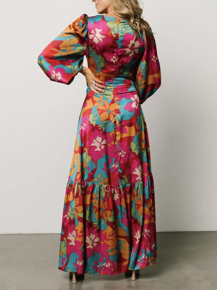 Floral Print Long Sleeve Cut Out Maxi Dress