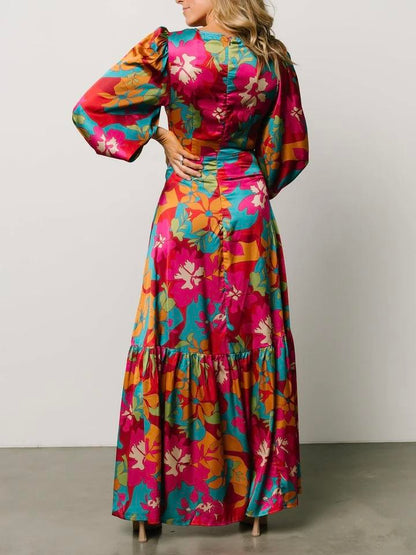 Floral Print Long Sleeve Cut Out Maxi Dress