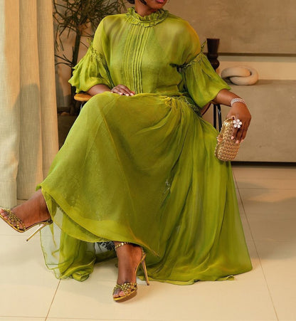 Green Tulle Long Sleeve Maxi Dress