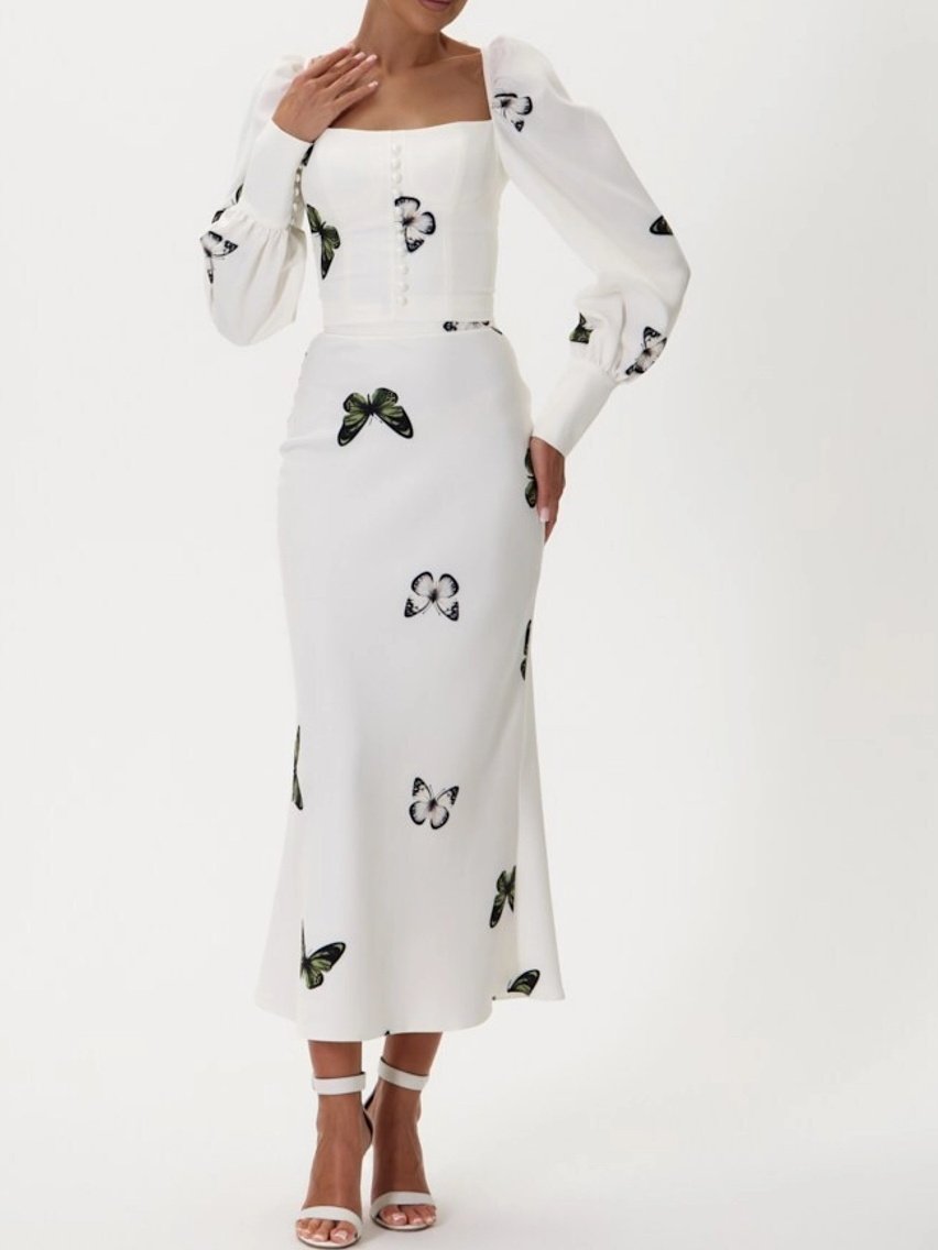 Butterfly Print Puff Sleeve Maxi Dress