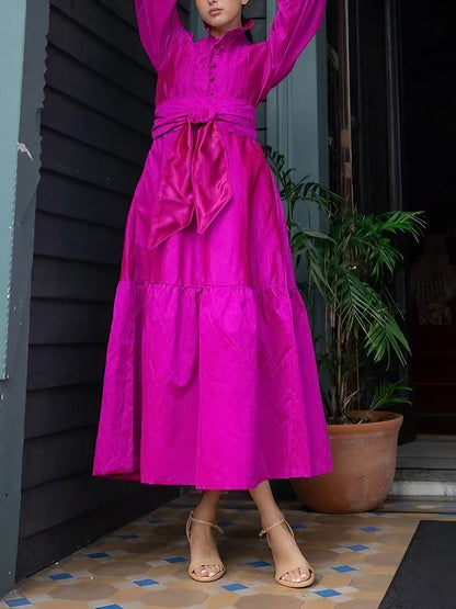 Hot Pink Button Down Satin Maxi Dress