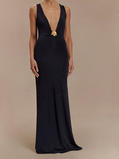 Black Plunge Maxi Dress With Floral Hardware