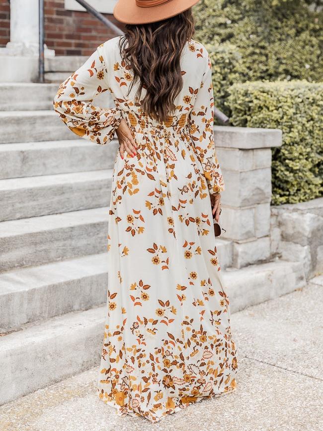 Brown Leaf Print Maxi Dress