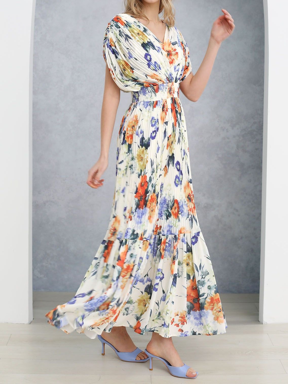 Vernal Blossom Pleated Maxi Dress