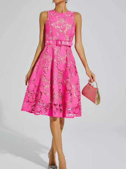 Brian Rose Red Lace Belted Midi Dress