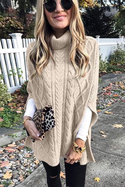 Turtle Neck Twist Braid Knitted Shawl Sweater