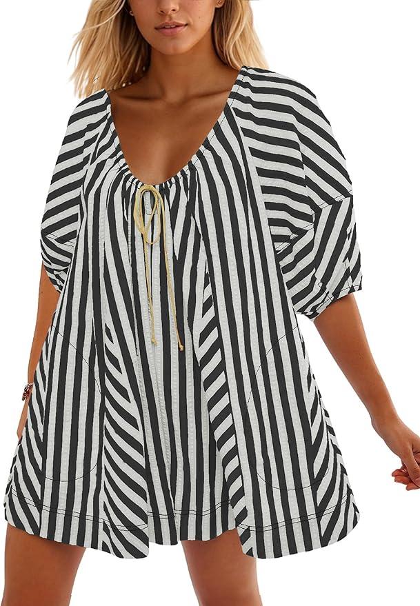 Puffy-Sleeve Irregular Striped Jumpsuit